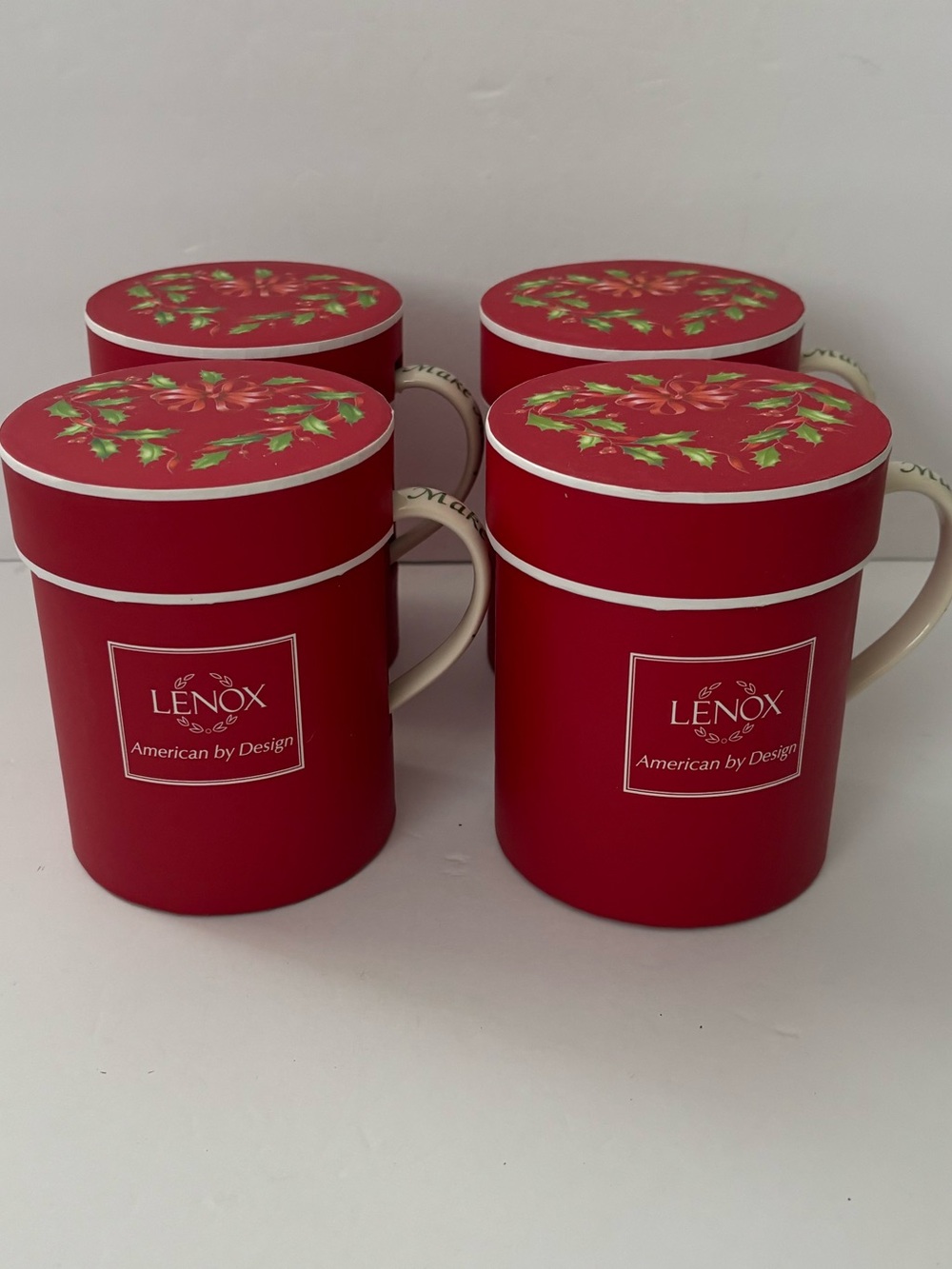 Lot of 4 Lenox Holiday Warmest Wishes Make Merry Mug Gold Trim Christmas Coffee